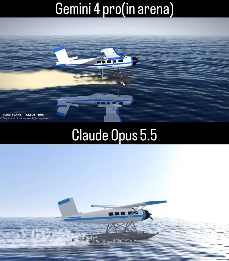 3D floatplane physics simulation: Gemini 4 Pro vs Claude Opus 5.5