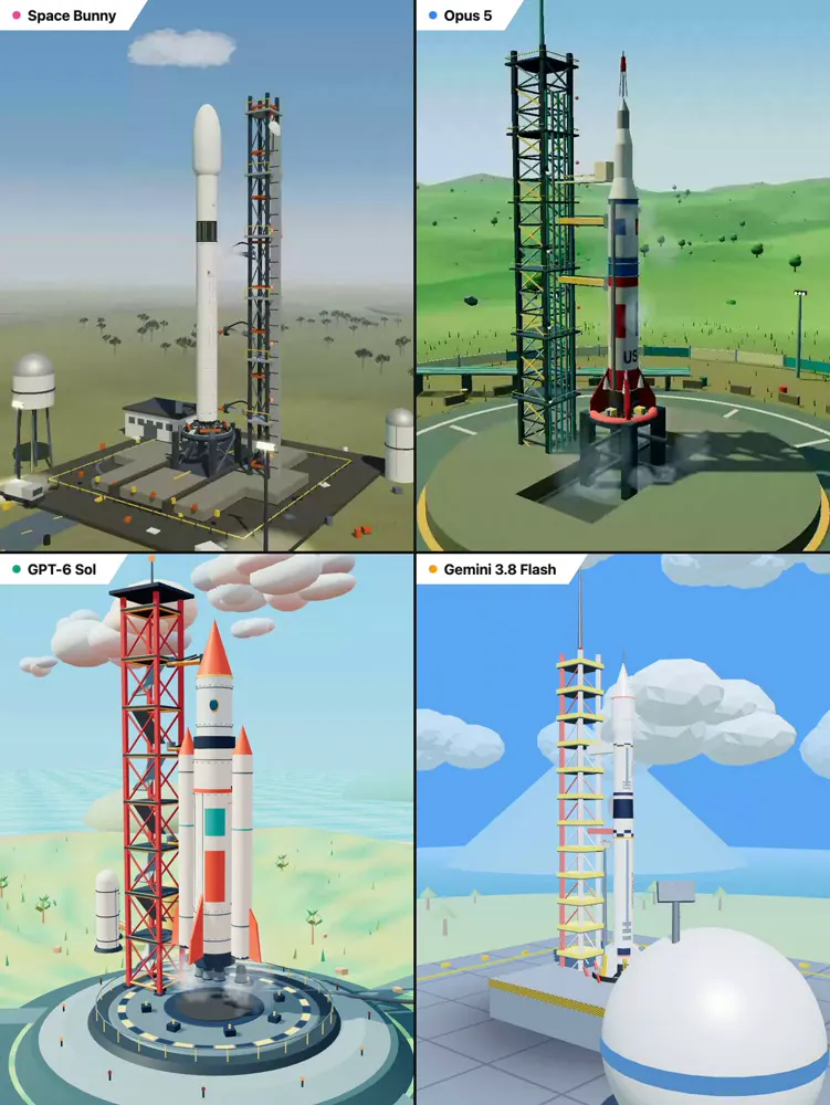Rocket launch scene, Space Bunny vs three models: MiniMax M3.1 Flash vs Claude Opus 5 vs GPT-6 Sol vs Gemini 3.8 Flash
