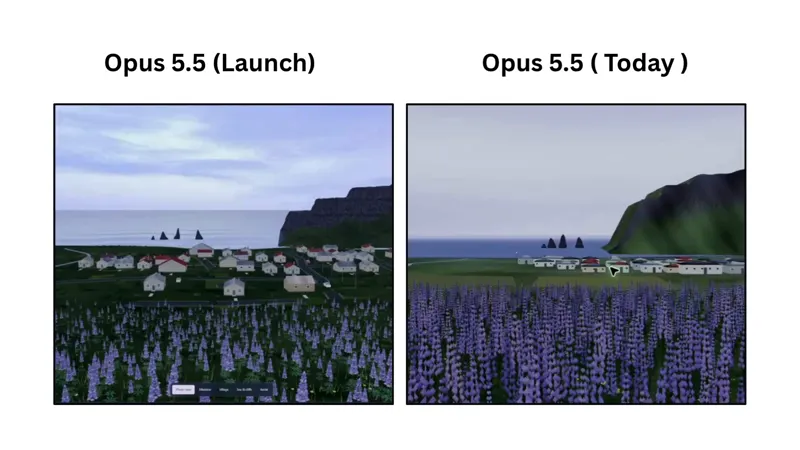 Coastal village 3D scene: Claude Opus 5.5 (Sep 23 vs Oct 3)