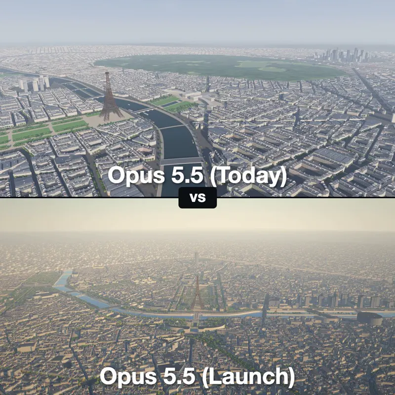 Eiffel Tower benchmark rerun: Claude Opus 5.5 (at launch vs Oct 3)