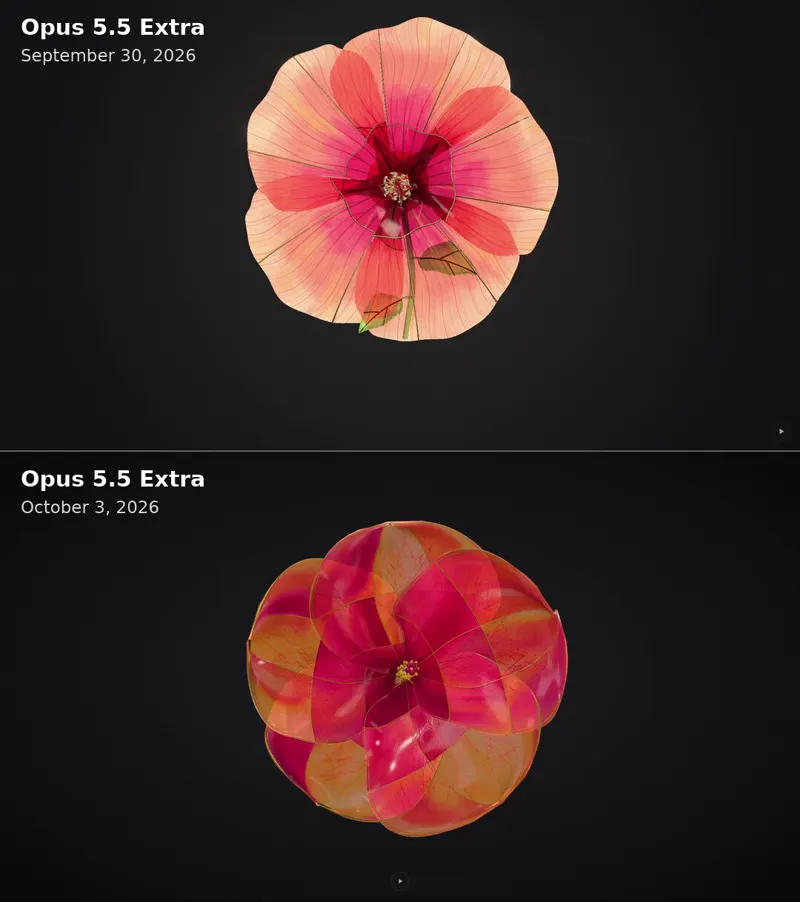 Stained-glass hibiscus: Claude Opus 5.5 (Sep 30 vs Oct 3)