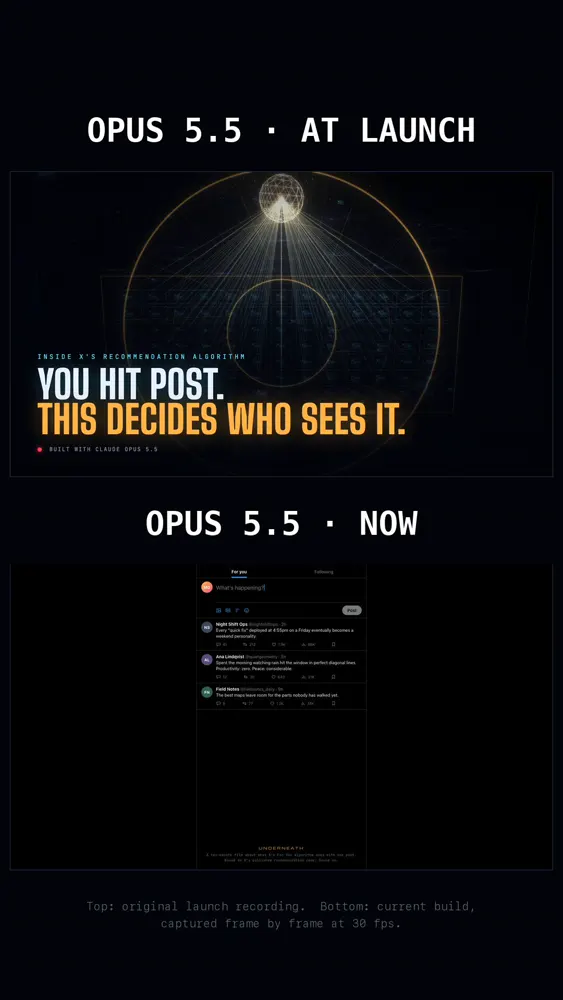 Black Mirror X post animation: Claude Opus 5.5 (at launch vs Oct 4)