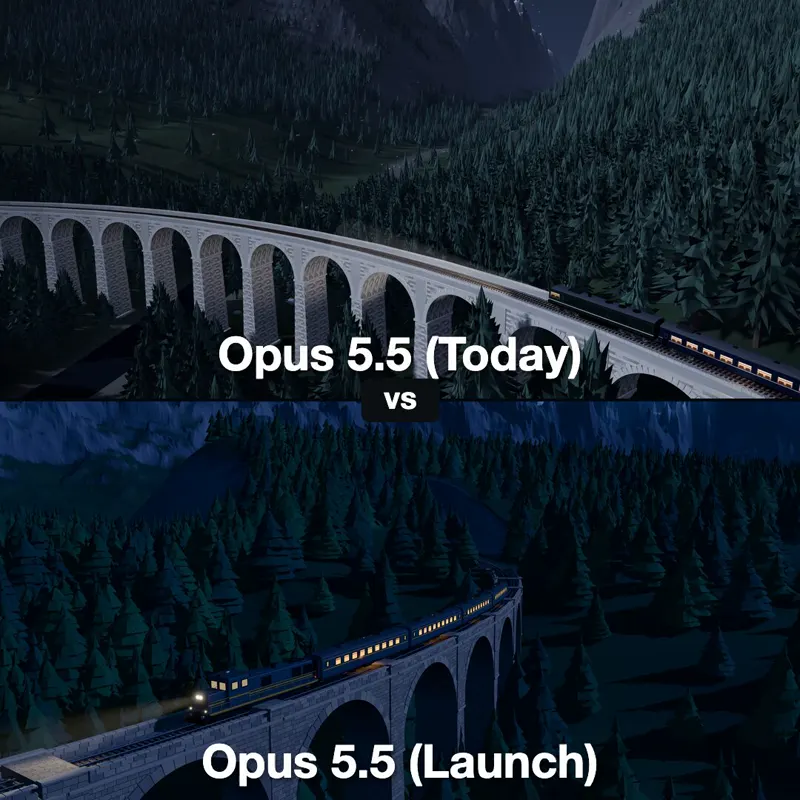 Night train benchmark rerun: Claude Opus 5.5 (at launch vs Oct 4)