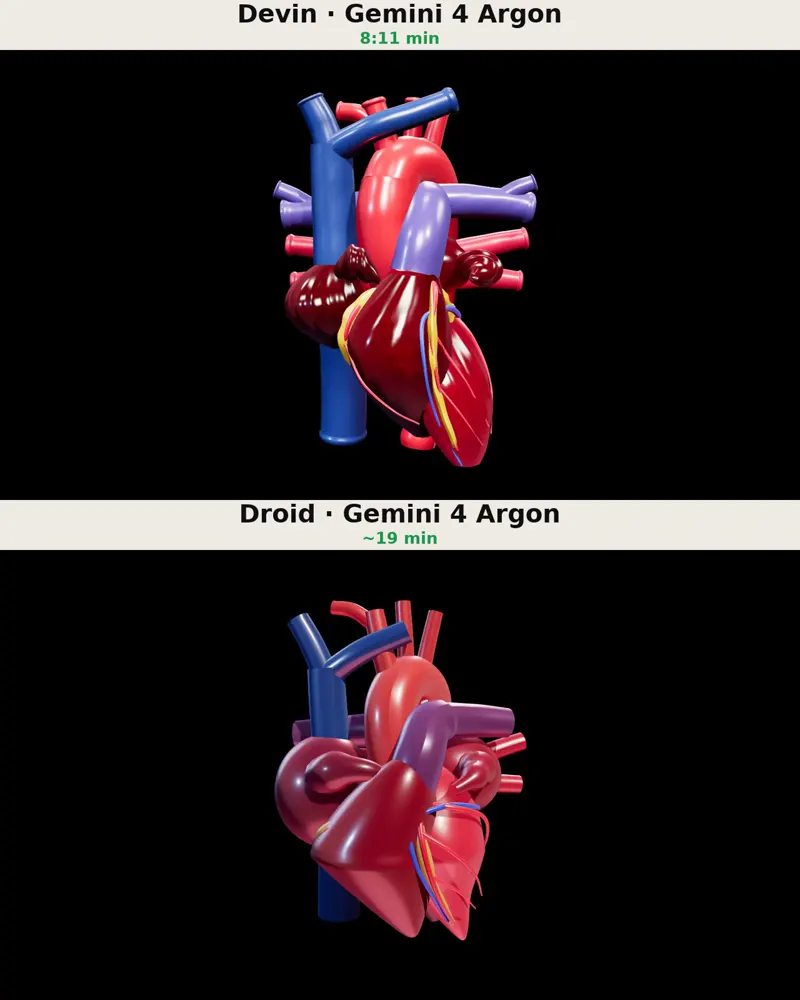 3D anatomical heart, Devin vs Droid: Gemini 4 Argon