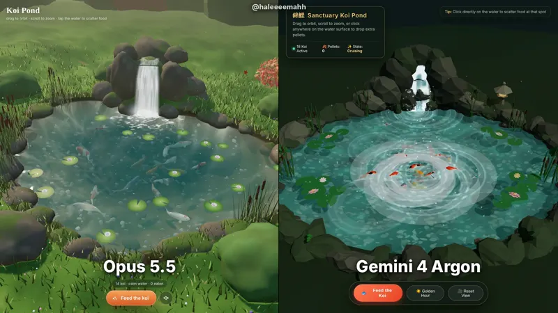 Koi pond, Claude Opus 5.5 vs Gemini 4 Argon: Claude Opus 5.5 vs Gemini 4 Argon