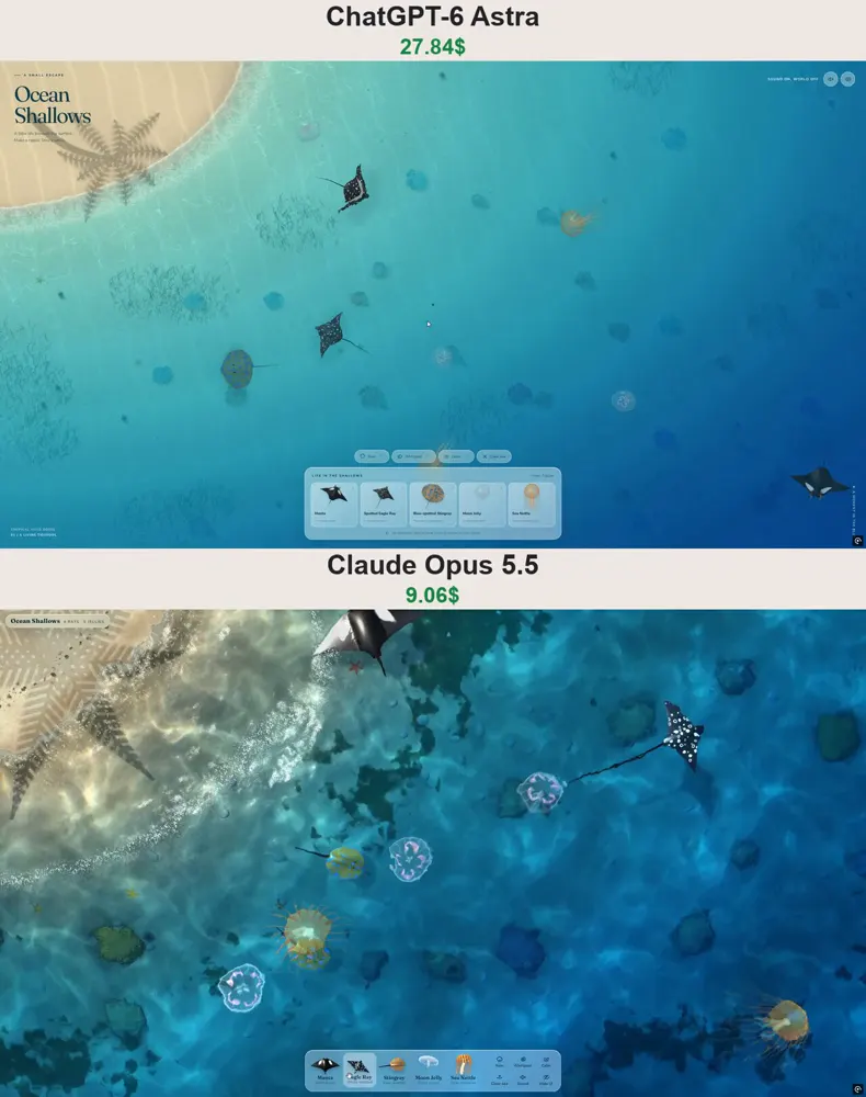 Underwater ocean with rays and jellyfish, Astra vs Opus: GPT-6 Astra vs Claude Opus 5.5