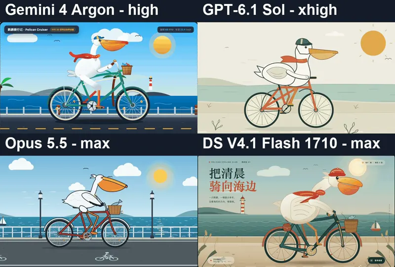 Pelican on a bicycle at max effort, four models: Gemini 4 Argon vs GPT-6.1 Sol vs Claude Opus 5.5 vs DeepSeek V4.1 Flash 1017