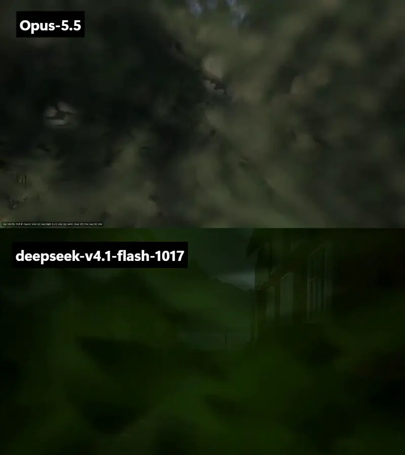 Abandoned village cinematic in JS: Claude Opus 5.5 vs DeepSeek V4.1 Flash 1017