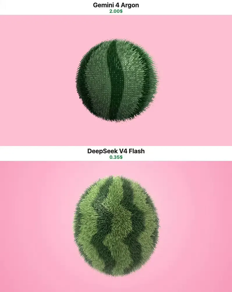 Fluffy 3D watermelon, DeepSeek vs Gemini: DeepSeek V4 Flash 0731 vs Gemini 4 Argon