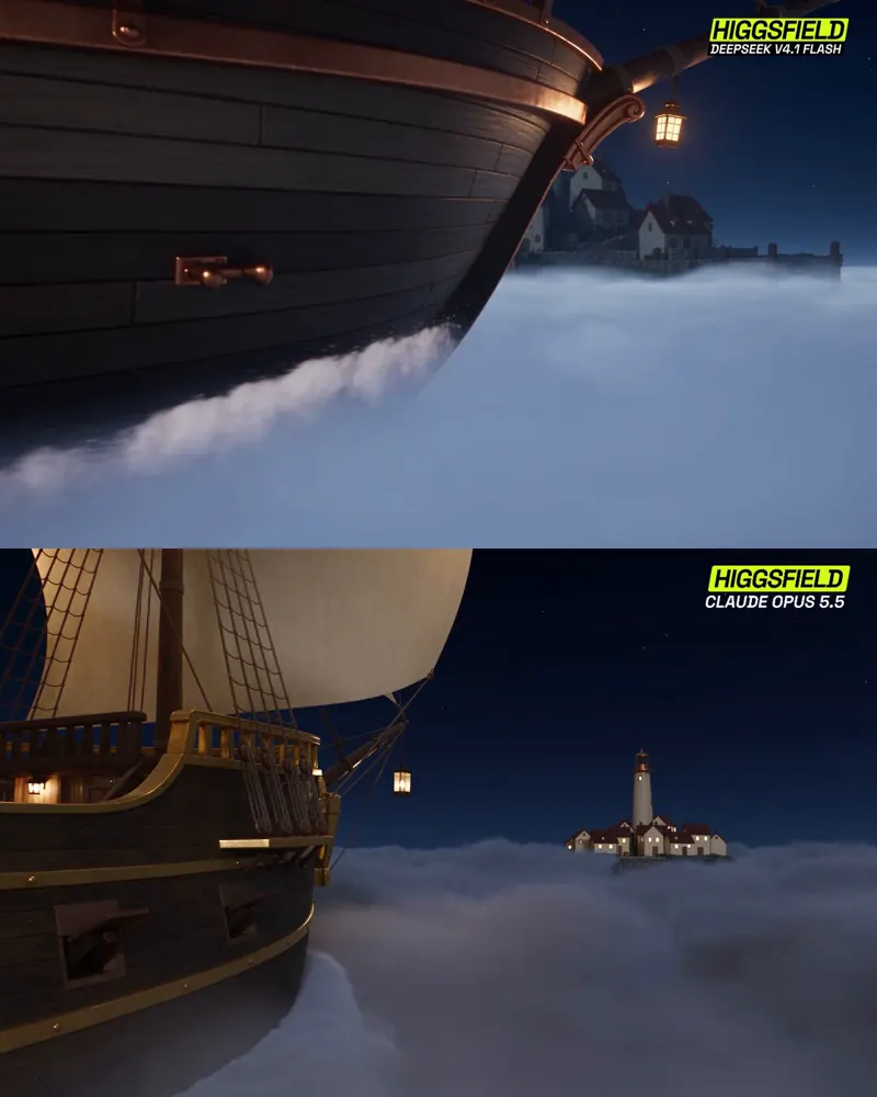 Floating 3D island, DeepSeek vs Opus: DeepSeek V4.1 Flash 1017 vs Claude Opus 5.5