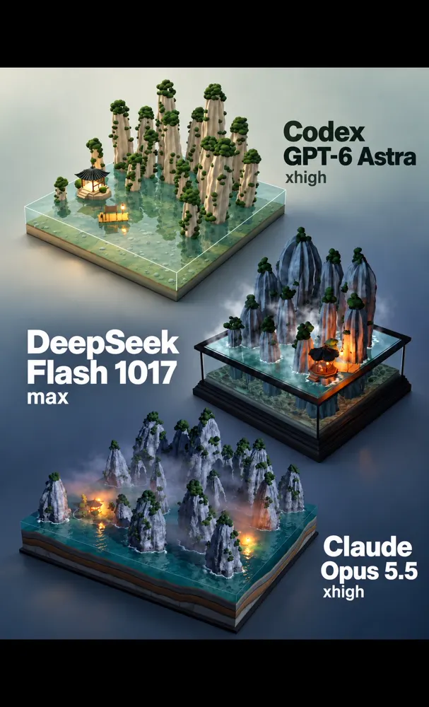 Interactive 3D Li River diorama: Claude Opus 5.5 vs DeepSeek V4.1 Flash 1017 vs GPT-6 Astra