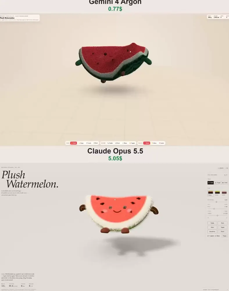 Plush watermelon, six revisions vs one: Gemini 4 Argon vs Claude Opus 5.5