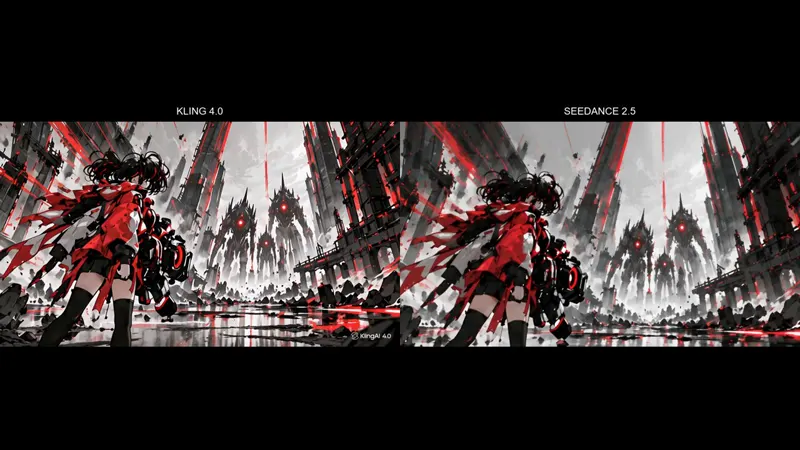 Mecha battle scene, Kling vs Seedance: Kling 4.0 vs Seedance 2.5