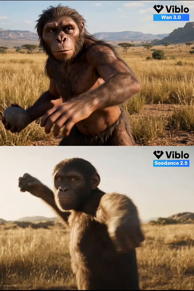 Prehistoric ape scene, Wan vs Seedance: Wan 3.0 vs Seedance 2.5