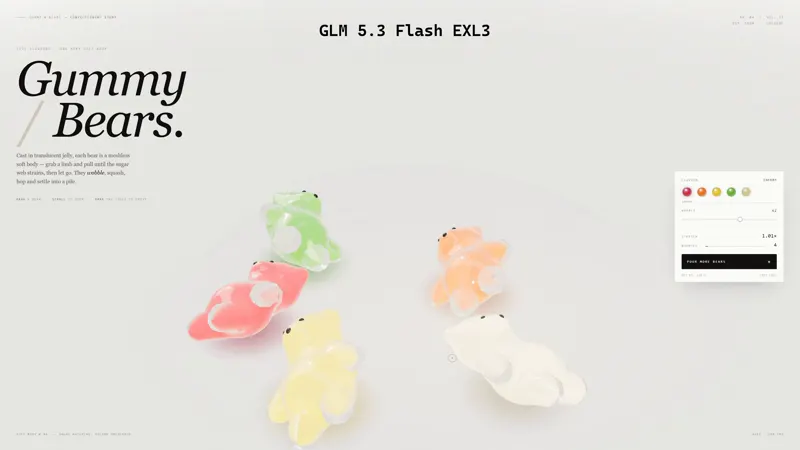 Gummy bear product page, run locally: GLM 5.3 Flash vs DeepSeek V4.1 Flash 1017