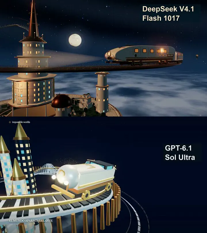 Night sky city with airship, Sol Ultra vs 1017: DeepSeek V4.1 Flash 1017 vs GPT-6.1 Sol