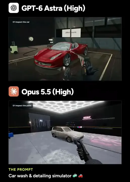 Car wash and detailing simulator, Opus vs Astra: GPT-6 Astra vs Claude Opus 5.5