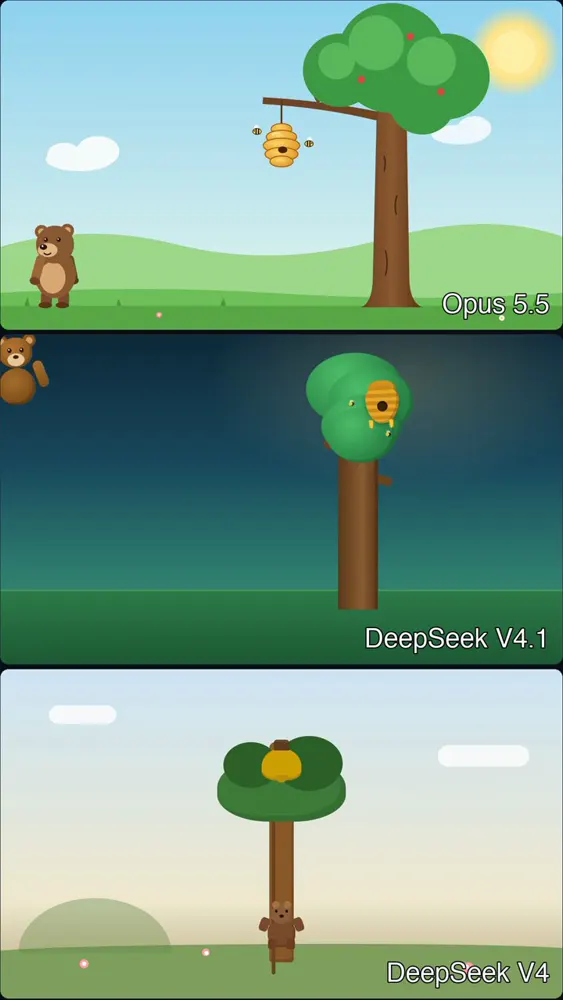 10-second bear and honey animation in code: Claude Opus 5.5 vs DeepSeek V4.1