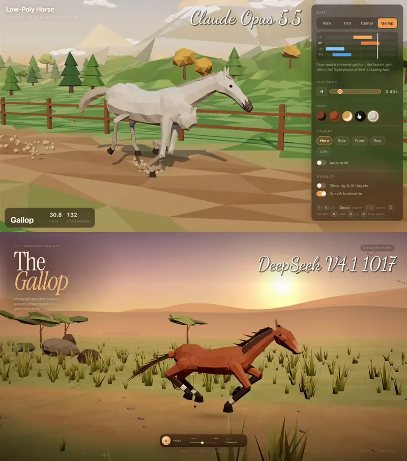 Low-poly horse gallop loop in Three.js: Claude Opus 5.5 vs DeepSeek V4.1 Flash 1017