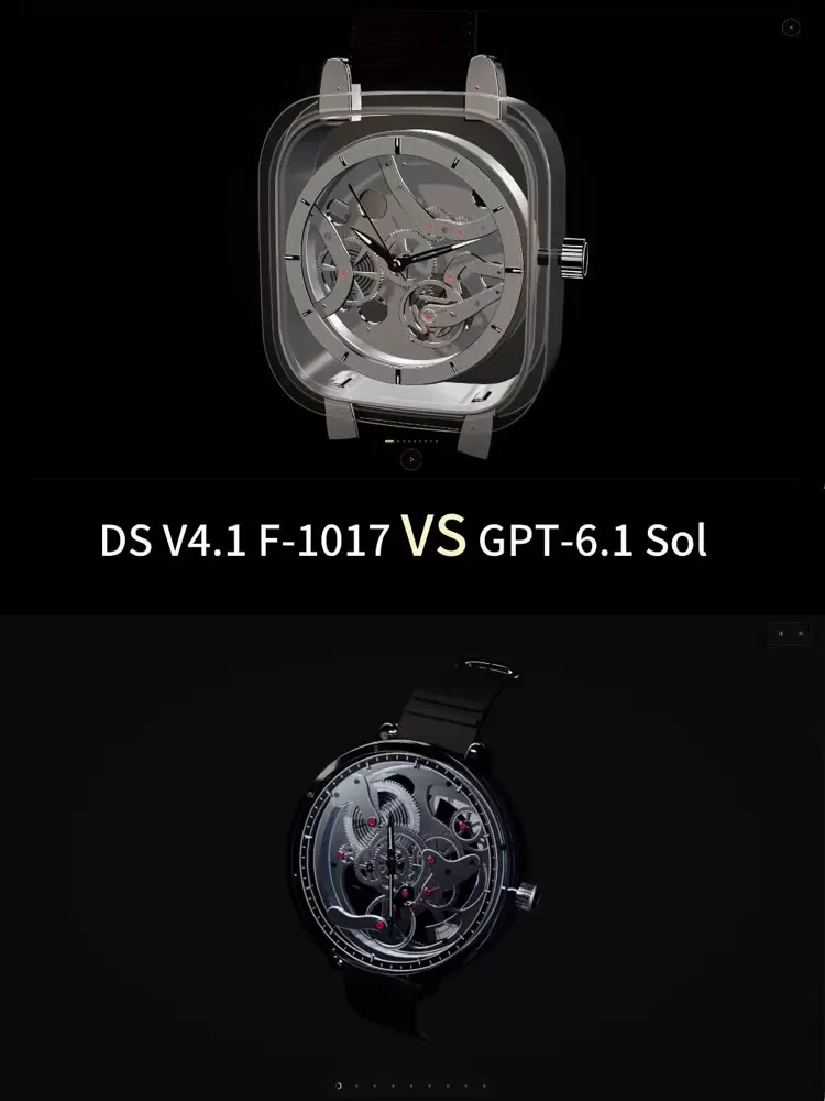 Mechanical skeleton watch, DeepSeek vs GPT-6.1 Sol: DeepSeek V4.1 Flash 1017 vs GPT-6.1 Sol