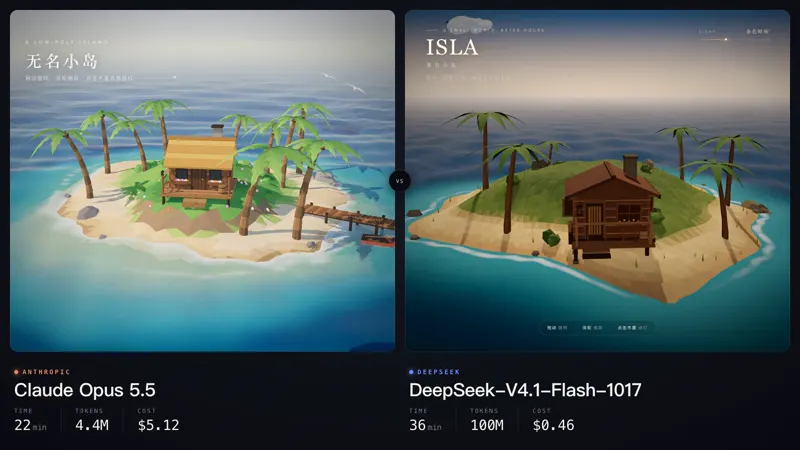 Low-poly tropical island, Claude Opus 5.5 vs 1017: Claude Opus 5.5 vs DeepSeek V4.1 Flash 1017