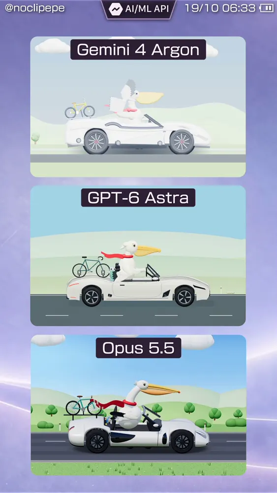 Pelican driving a roadster, 3 models via AI/ML API: Gemini 4 Argon vs GPT-6 Astra vs Claude Opus 5.5