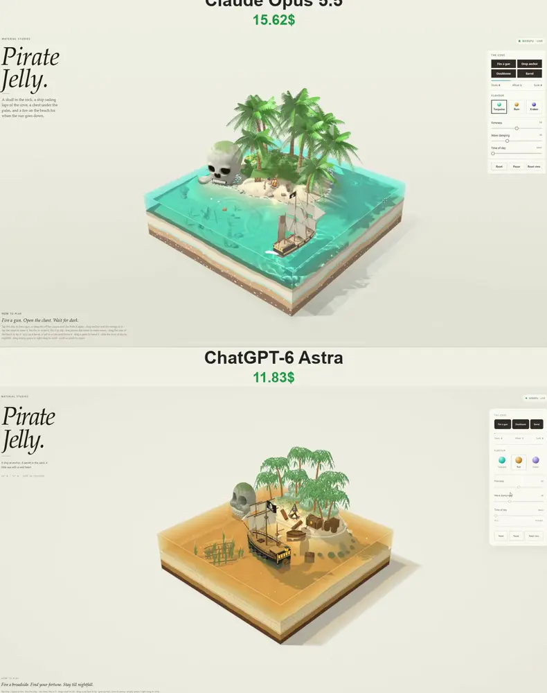Jelly pirate cove diorama: Claude Opus 5.5 vs GPT-6 Astra