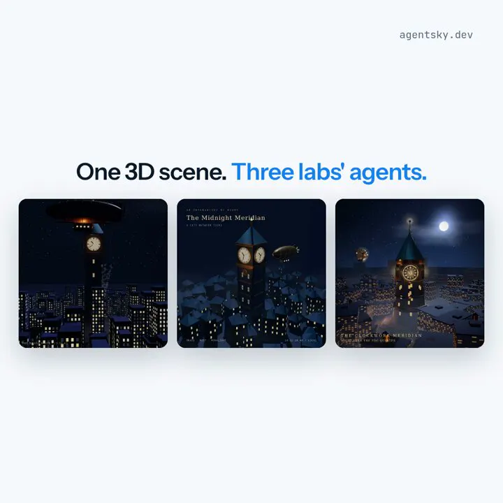 Three.js night scene in three labs’ agents: Claude Fable 5.1 vs GPT-6 Astra vs DeepSeek V4.1 Flash 1017