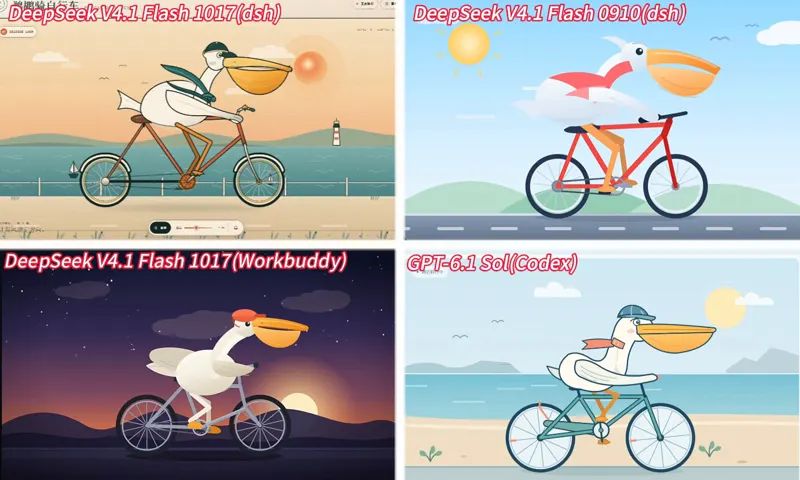 Pelican test, DeepSeek 1017 in DSH vs WorkBuddy: DeepSeek V4.1 Flash 1017 vs DeepSeek V4.1 Flash vs GPT-6.1 Sol