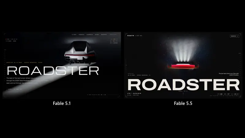 Tesla Roadster landing page, Fable 5.5 vs Fable 5.1: Claude Fable 5.5 vs Claude Fable 5.1