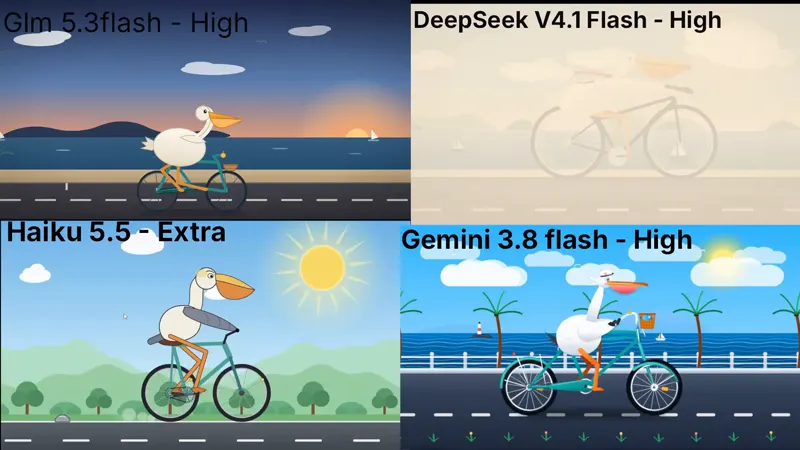 Pelican on a bicycle, four mid-tier models: GLM 5.3 Flash vs DeepSeek V4.1 Flash 1017 vs Claude Haiku 5.5 vs Gemini 3.8 Flash
