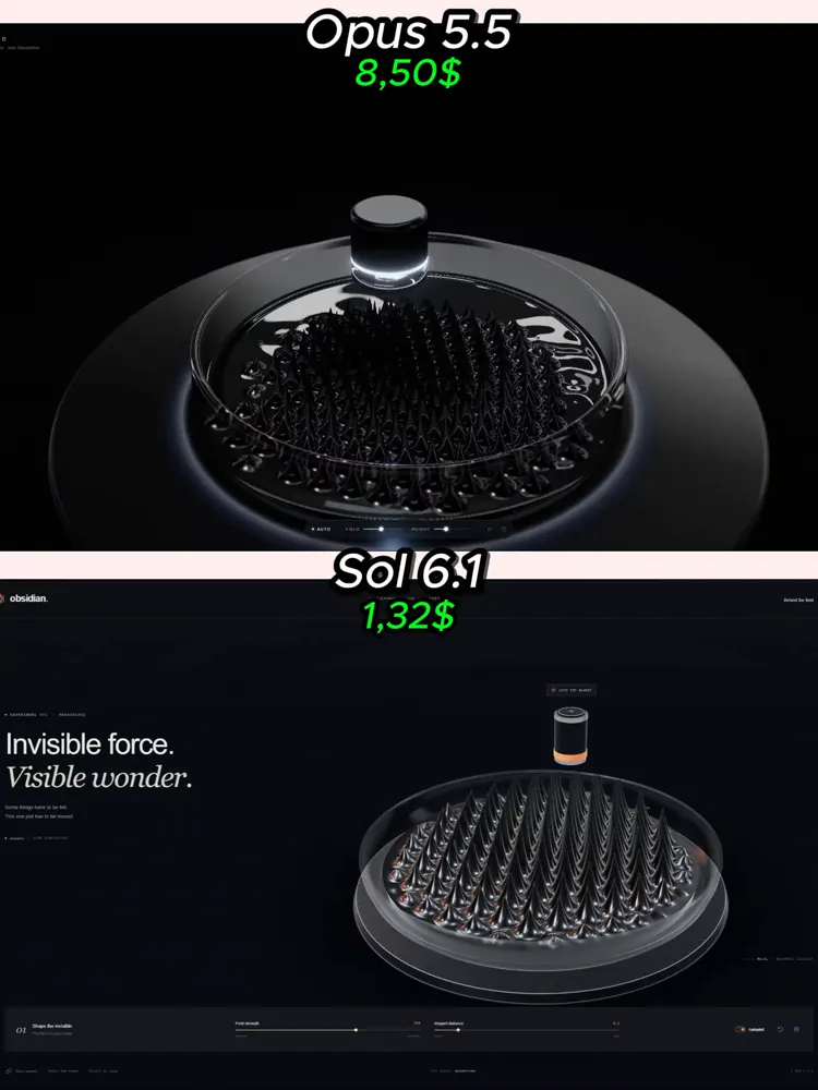 Interactive ferrofluid simulation in Three.js: Claude Opus 5.5 vs GPT-6.1 Sol