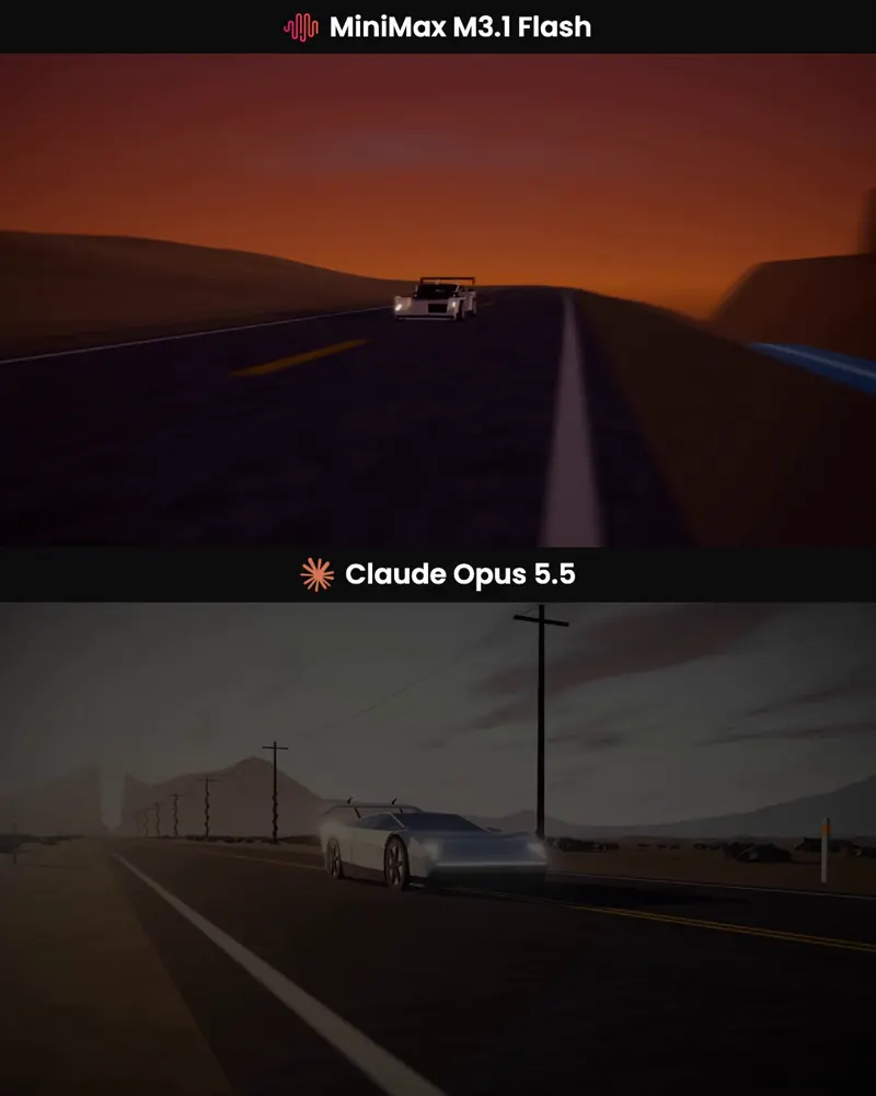 Flying Tesla Roadster, MiniMax vs Opus: MiniMax M3.1 Flash vs Claude Opus 5.5