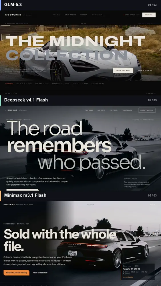 Luxury car website, three models: MiniMax M3.1 Flash vs GLM 5.3 vs DeepSeek V4.1 Flash 1017