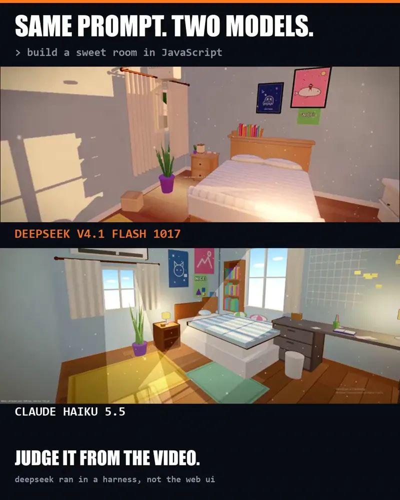 Sweet room in JavaScript, DeepSeek vs Haiku: DeepSeek V4.1 Flash 1017 vs Claude Haiku 5.5