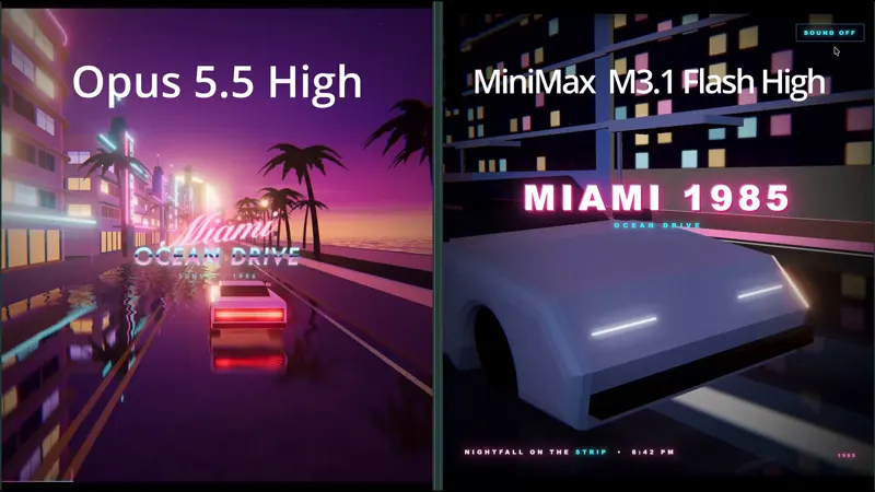 1986 Miami on Ocean Drive, Opus vs MiniMax: Claude Opus 5.5 vs MiniMax M3.1 Flash