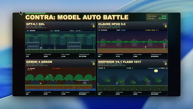 Auto-playing Contra game, four models: GPT-6.1 Sol vs Claude Opus 5.5 vs Gemini 4 Argon vs DeepSeek V4.1 Flash 1017