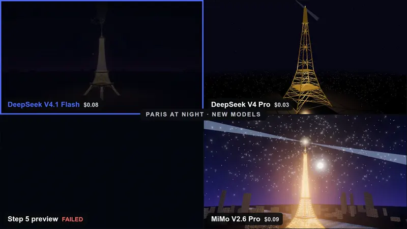 Eiffel fireworks, a fish school and a cat: DeepSeek V4.1 Flash 1017 vs Claude Opus 5.5