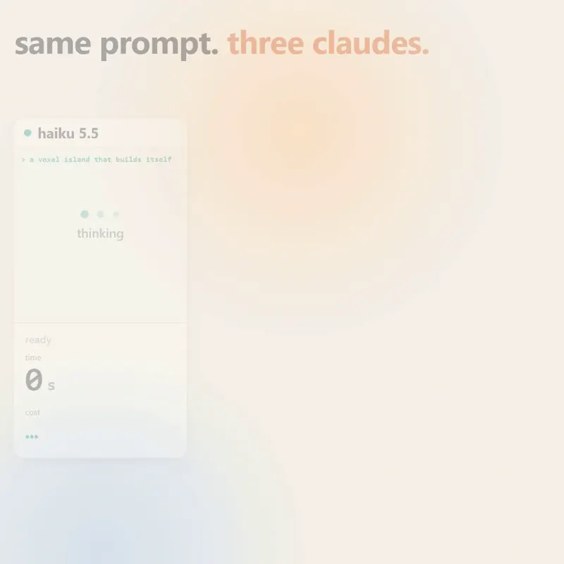 Self-building voxel island, three Claudes: Claude Haiku 5.5 vs Claude Sonnet 5.5 vs Claude Opus 5.5