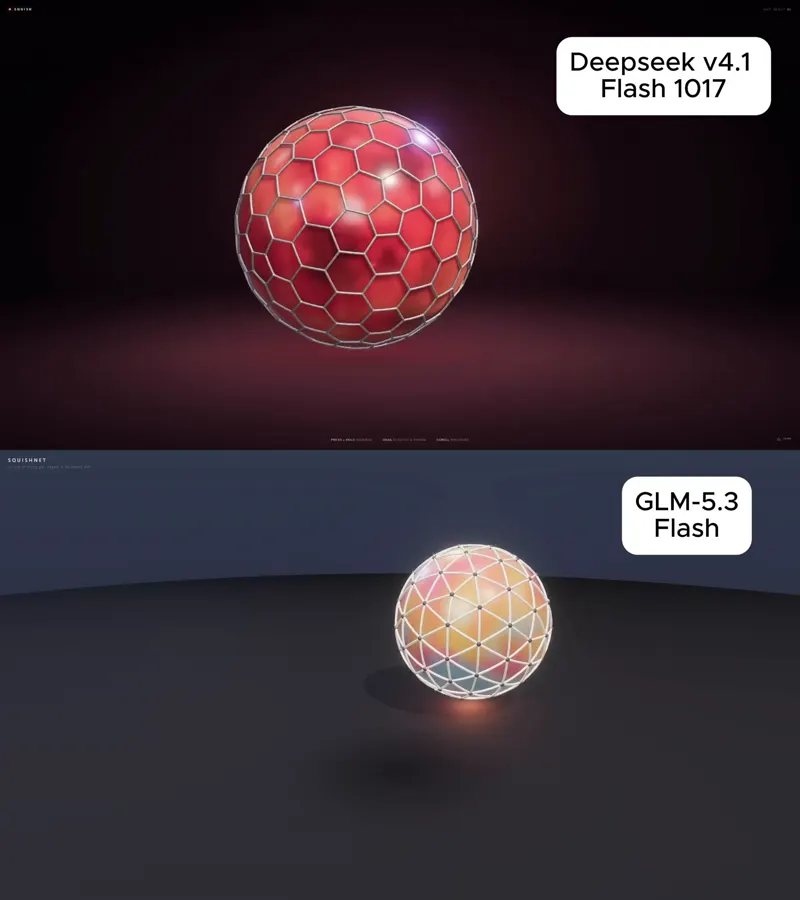 3D stress ball, DeepSeek vs GLM Flash: DeepSeek V4.1 Flash 1017 vs GLM 5.3 Flash