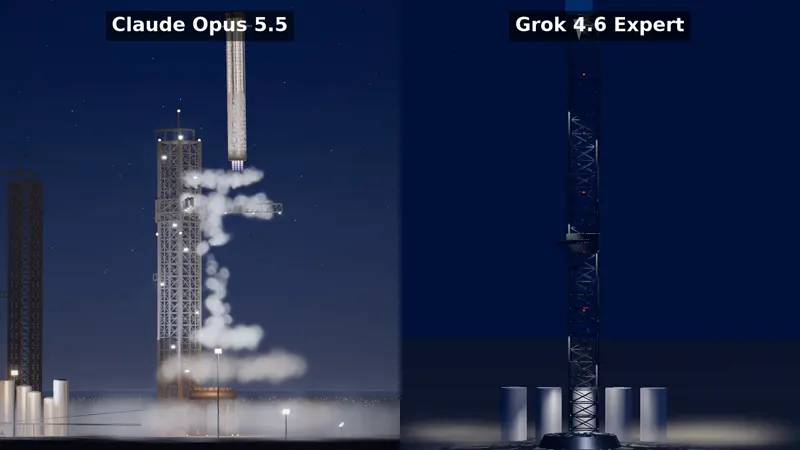 Super Heavy booster caught by the chopsticks: Claude Opus 5.5 vs Grok 4.6