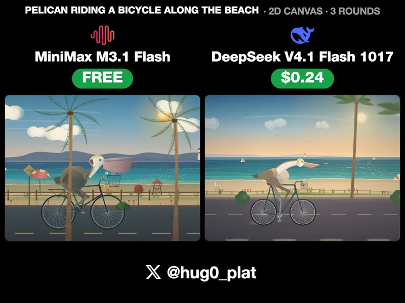 Pelican on a beach bike ride, MiniMax vs DeepSeek: MiniMax M3.1 Flash vs DeepSeek V4.1 Flash 1017