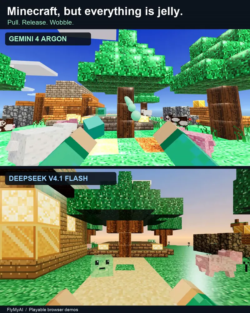 Minecraft where even the trees are jelly: Gemini 4 Argon vs DeepSeek V4.1 Flash 1017