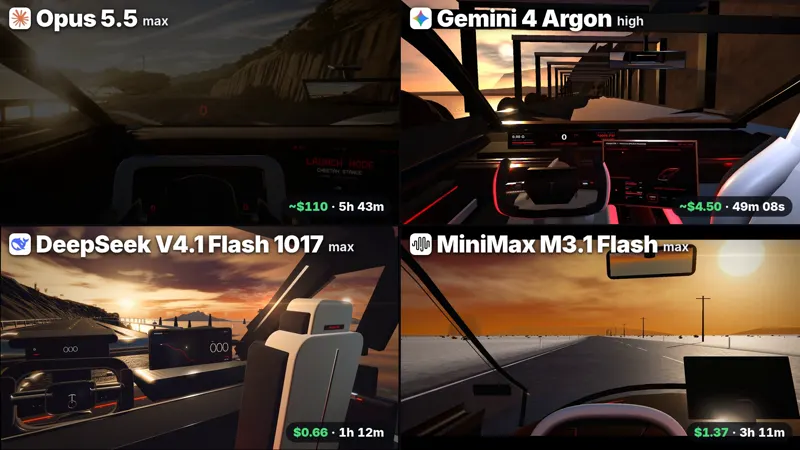 Tesla Roadster POV drive, four models: Claude Opus 5.5 vs DeepSeek V4.1 Flash 1017 vs MiniMax M3.1 Flash vs Gemini 4 Argon