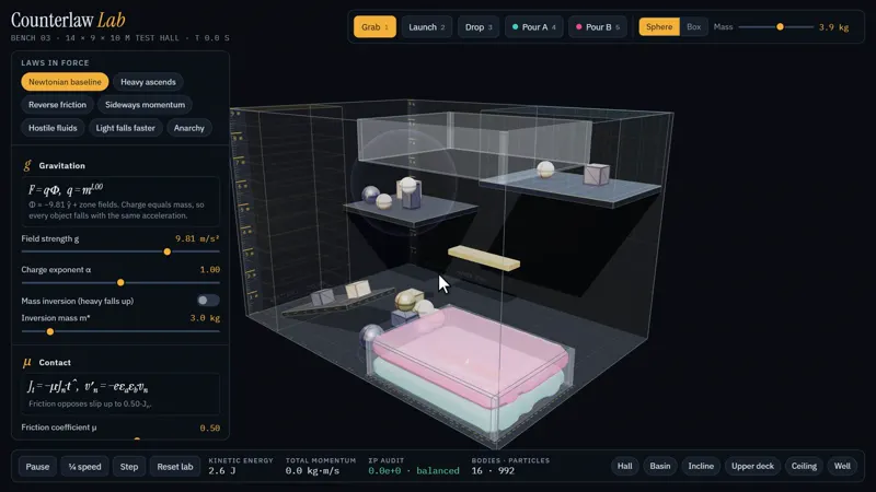 3D lab with rewritable laws of physics: Claude Opus 5.5 vs MiniMax M3.1 Flash