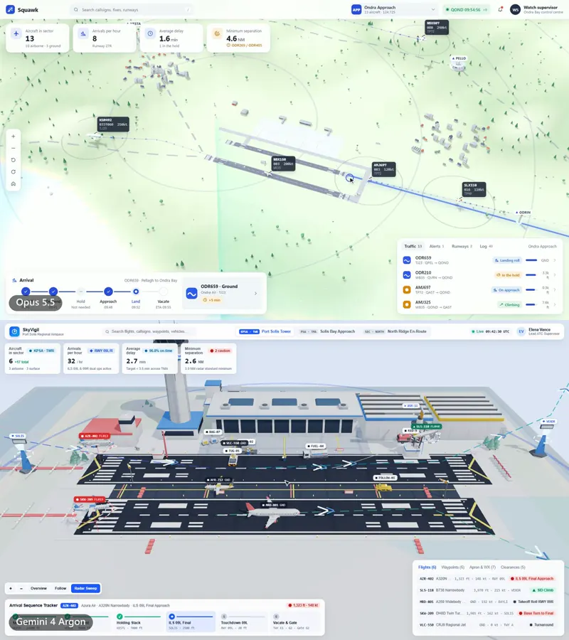 Live air traffic control center in Blender: Claude Opus 5.5 vs Gemini 4 Argon