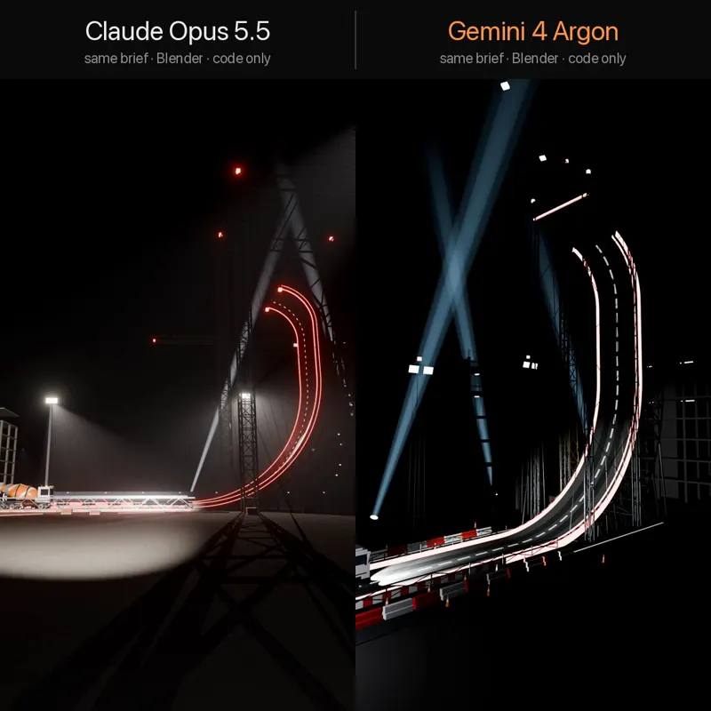 Flying concrete mixer truck in Blender, Opus vs Argon: Claude Opus 5.5 vs Gemini 4 Argon