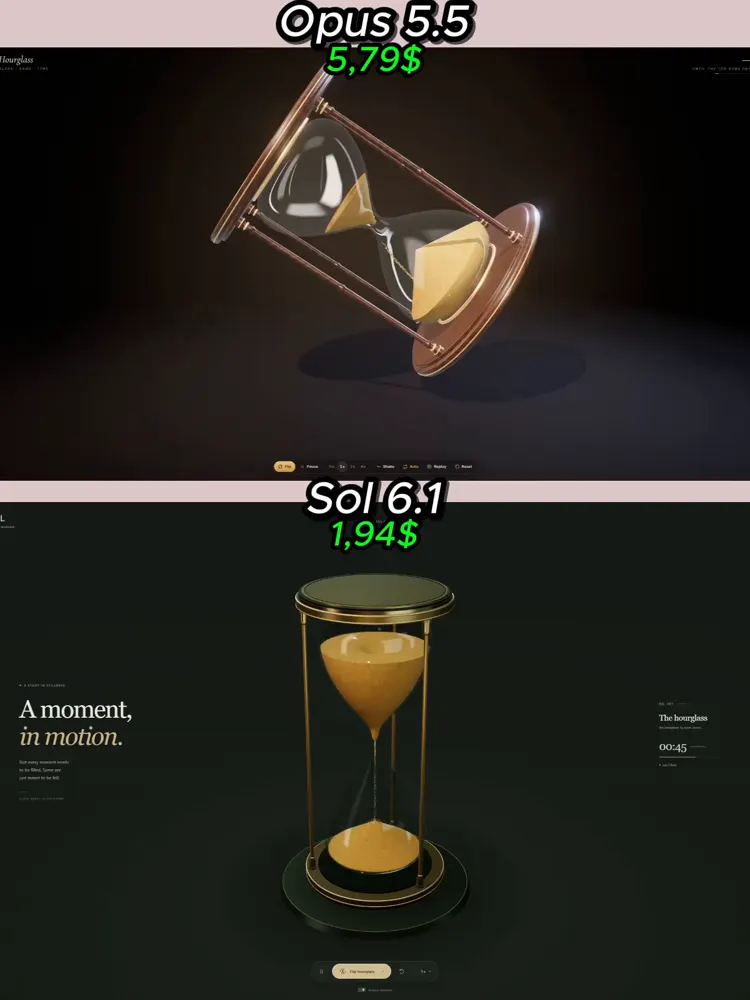 Interactive 3D hourglass in Three.js: Claude Opus 5.5 vs GPT-6.1 Sol