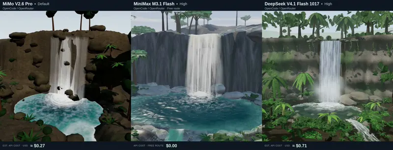 Realistic waterfall, MiMo vs MiniMax vs DeepSeek: Xiaomi MiMo V2.6 Pro vs MiniMax M3.1 Flash vs DeepSeek V4.1 Flash 1017
