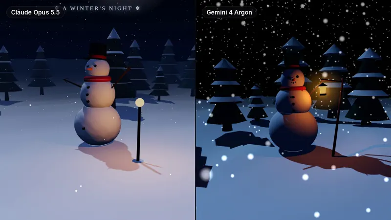 3D snowman on a winter night, Opus vs Argon: Claude Opus 5.5 vs Gemini 4 Argon